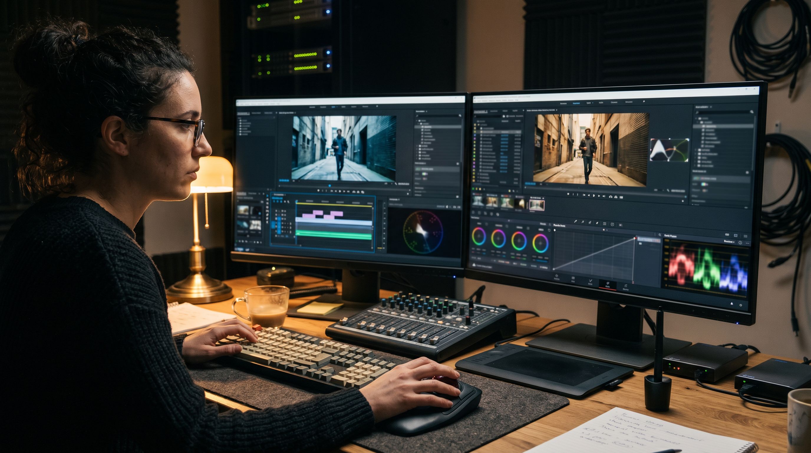 woman in black busy with post-production video, background window, on the table lamp shines warm light